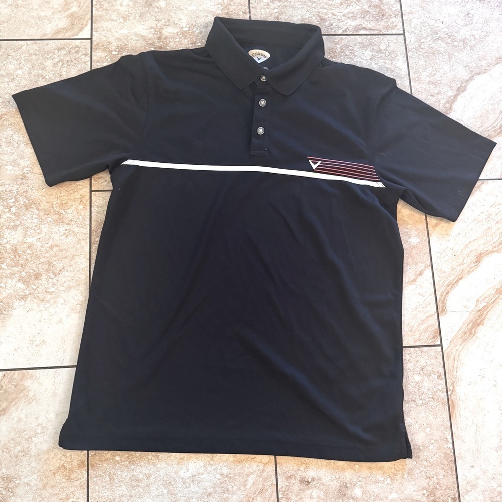 Callaway 100% Polyester‎ Golf Polo shirt LG size Black with Callaway design nice
